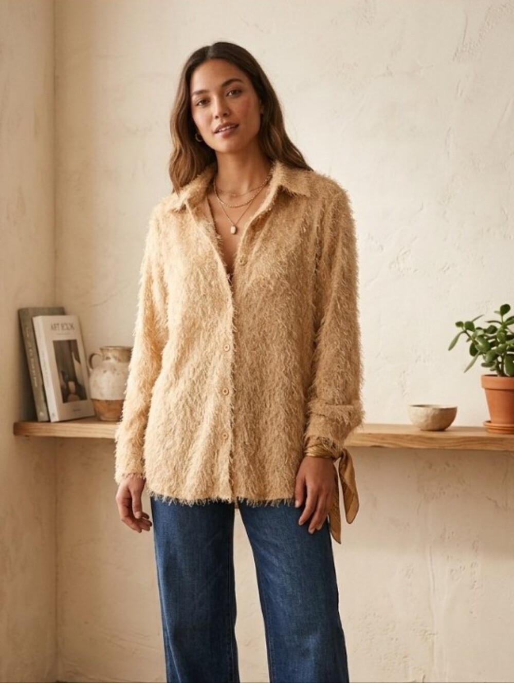 CDW Creative Design Works Golden Tan Shaggy Side Slit Button Front Blouse Top